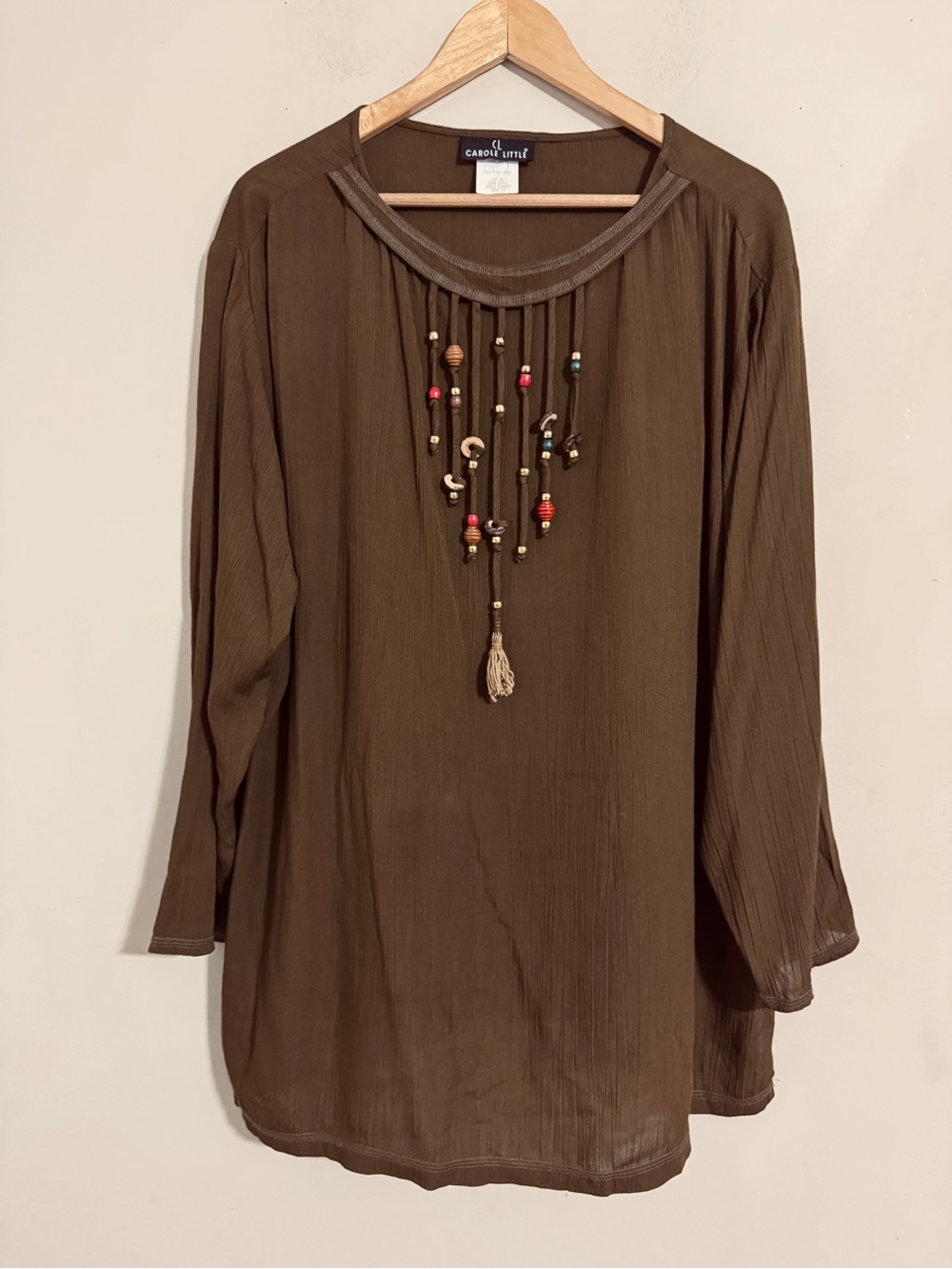 Carole Little Olive Brown Beaded Tassel Tunic Top size 14 Artsy Lagenlook Boho